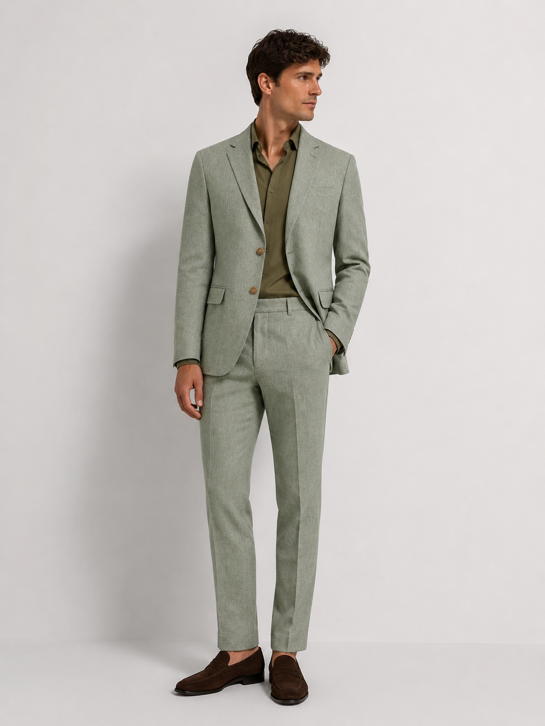 Λινό Λαδί Κοστούμι Με Γιλέκο Slim Fit Premium