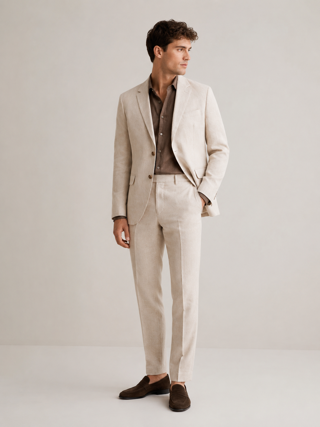 Λινό Κοστούμι Με Γιλέκο Slim Fit Premium